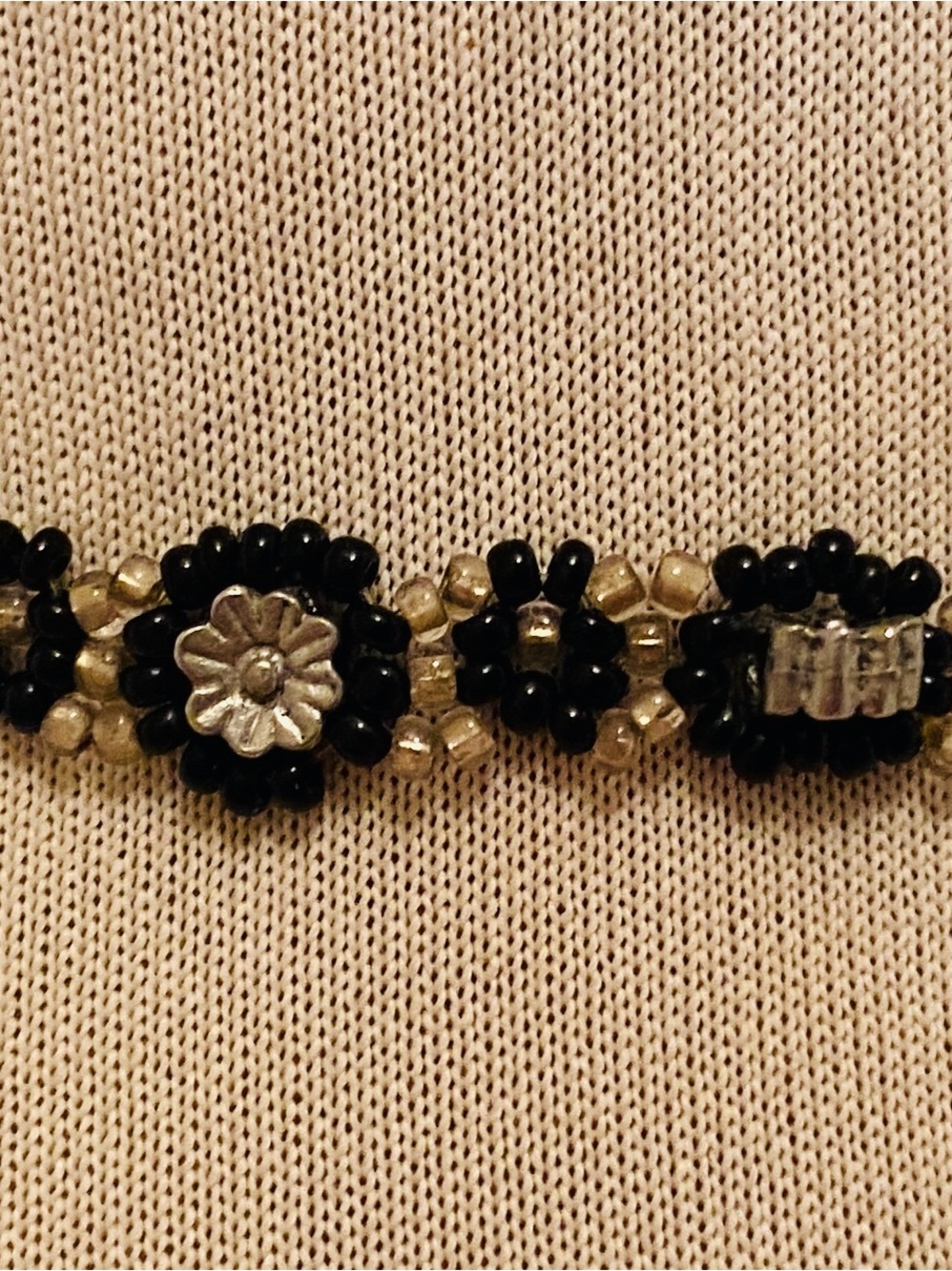 Black and Silver Beaded Floral Choker Necklace - Elegant Accent
